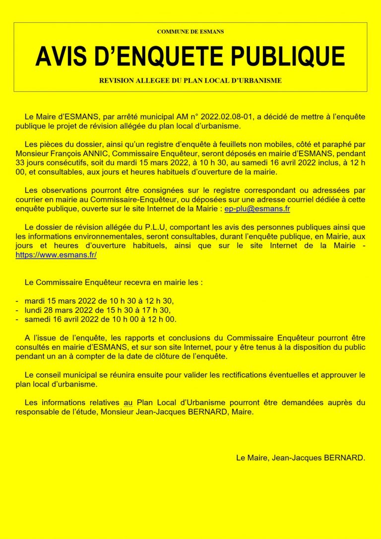 Avis d’enquête publique – révision allégée du PLU – Commune d'Esmans en ...